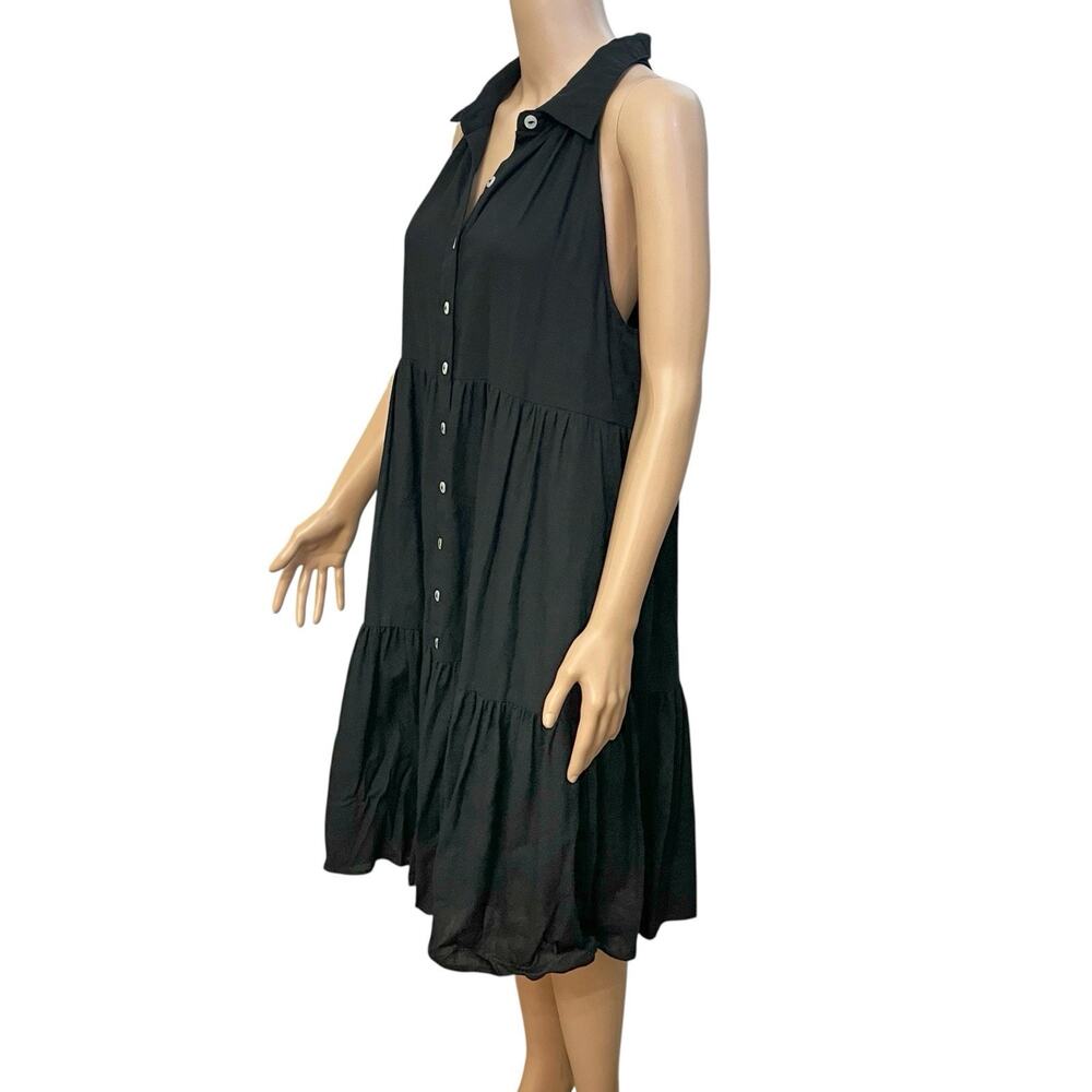 Nicole Miller Linen Blend Swing Dress Large Black Button Down Tiered Boho Casual - Picture 4 of 8